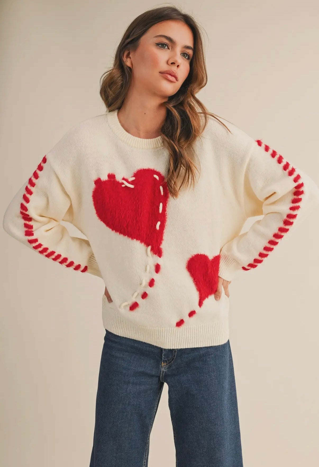 Fuzzy Heart Knit Sweater