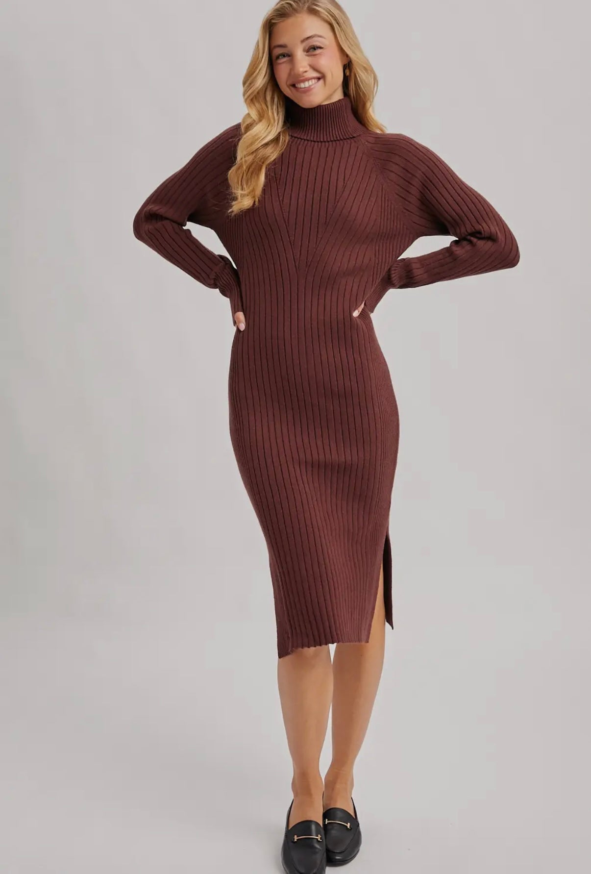 Turtleneck Ribbed Sweater Midi Dress