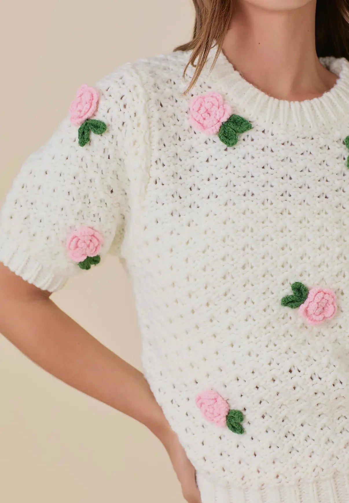 Sweater Knit Top with 3D Crochet
Rose Flower