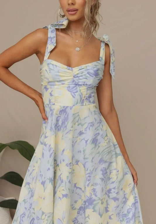 Pastel Floral Sweetheart Midi Dress