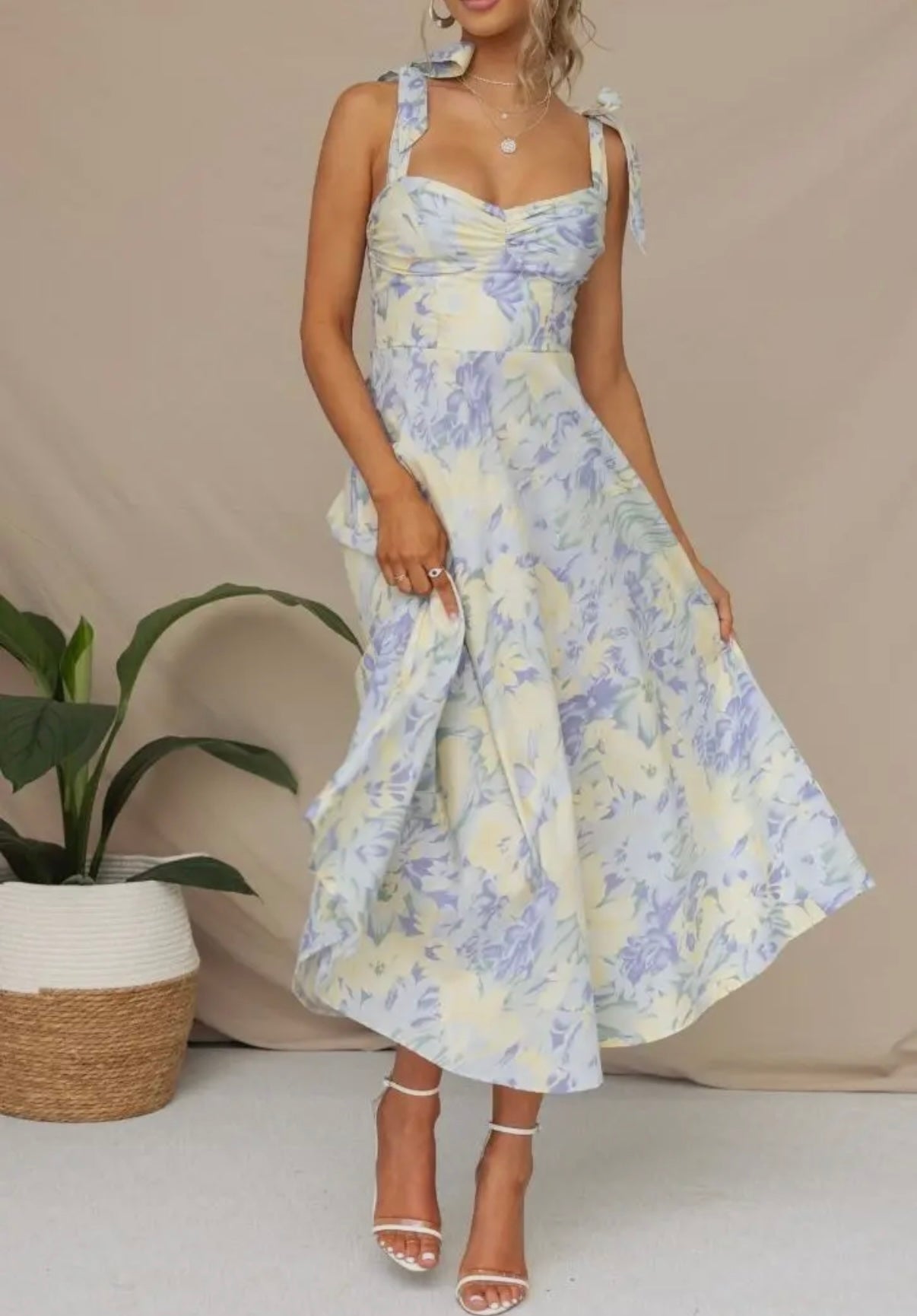 Pastel Floral Sweetheart Midi Dress