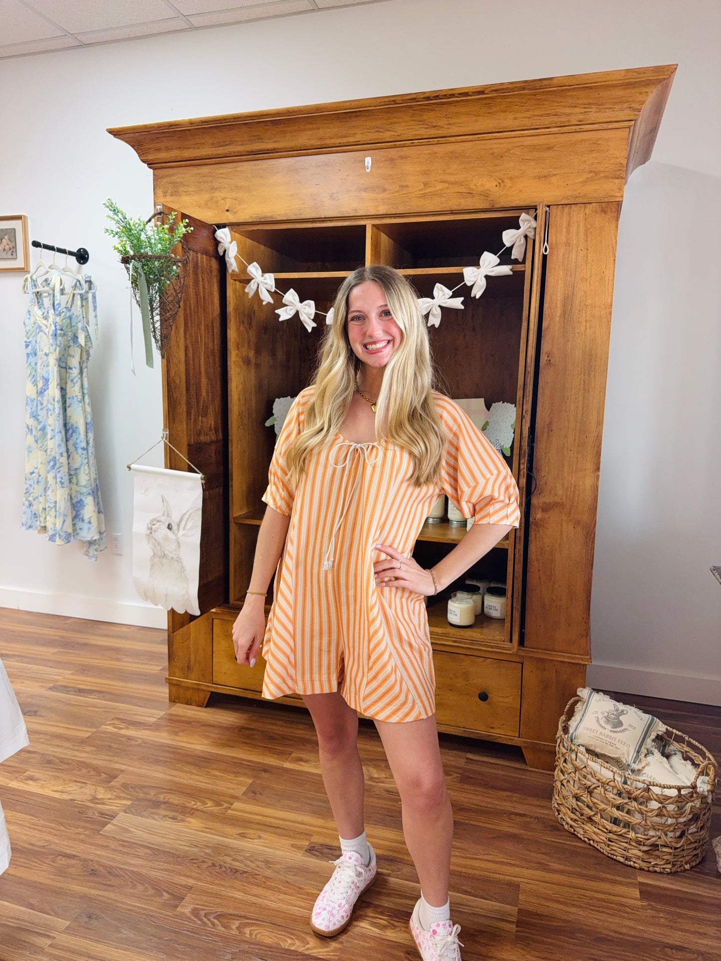 Striped Front Tie Loose Romper