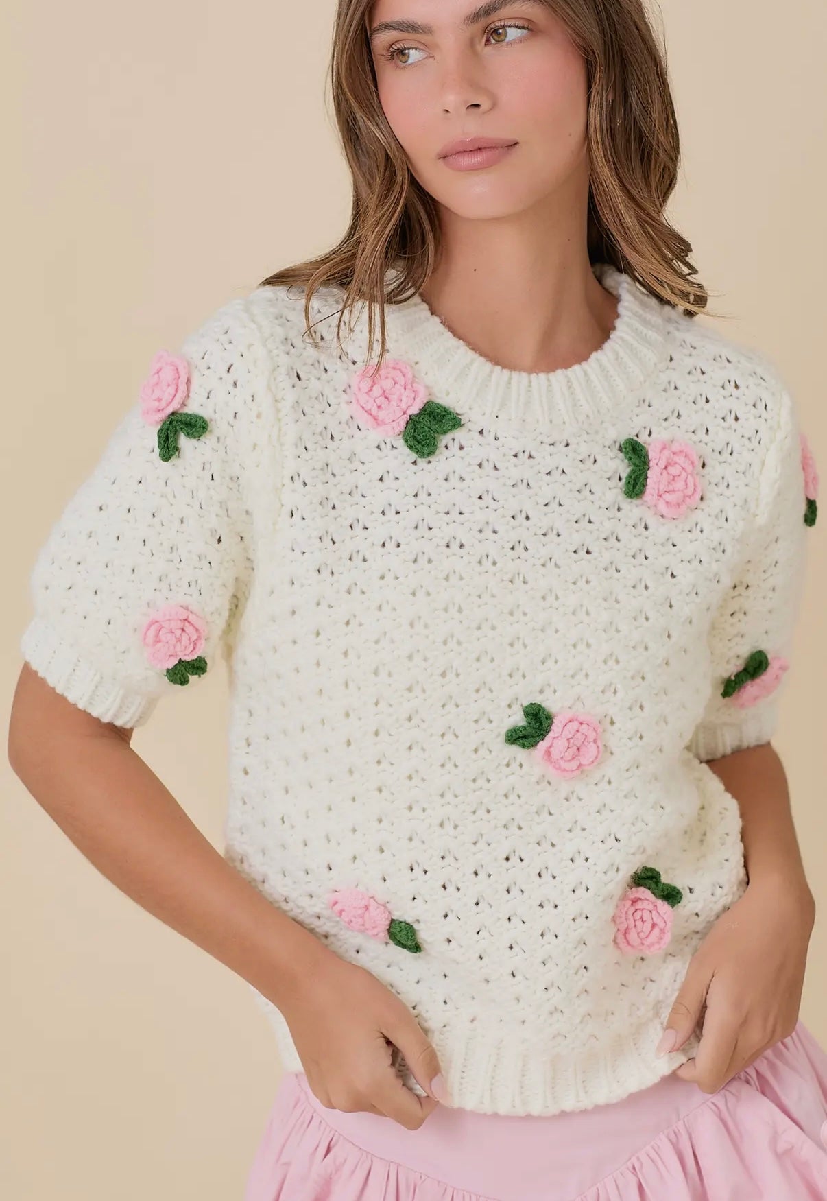 Sweater Knit Top with 3D Crochet
Rose Flower