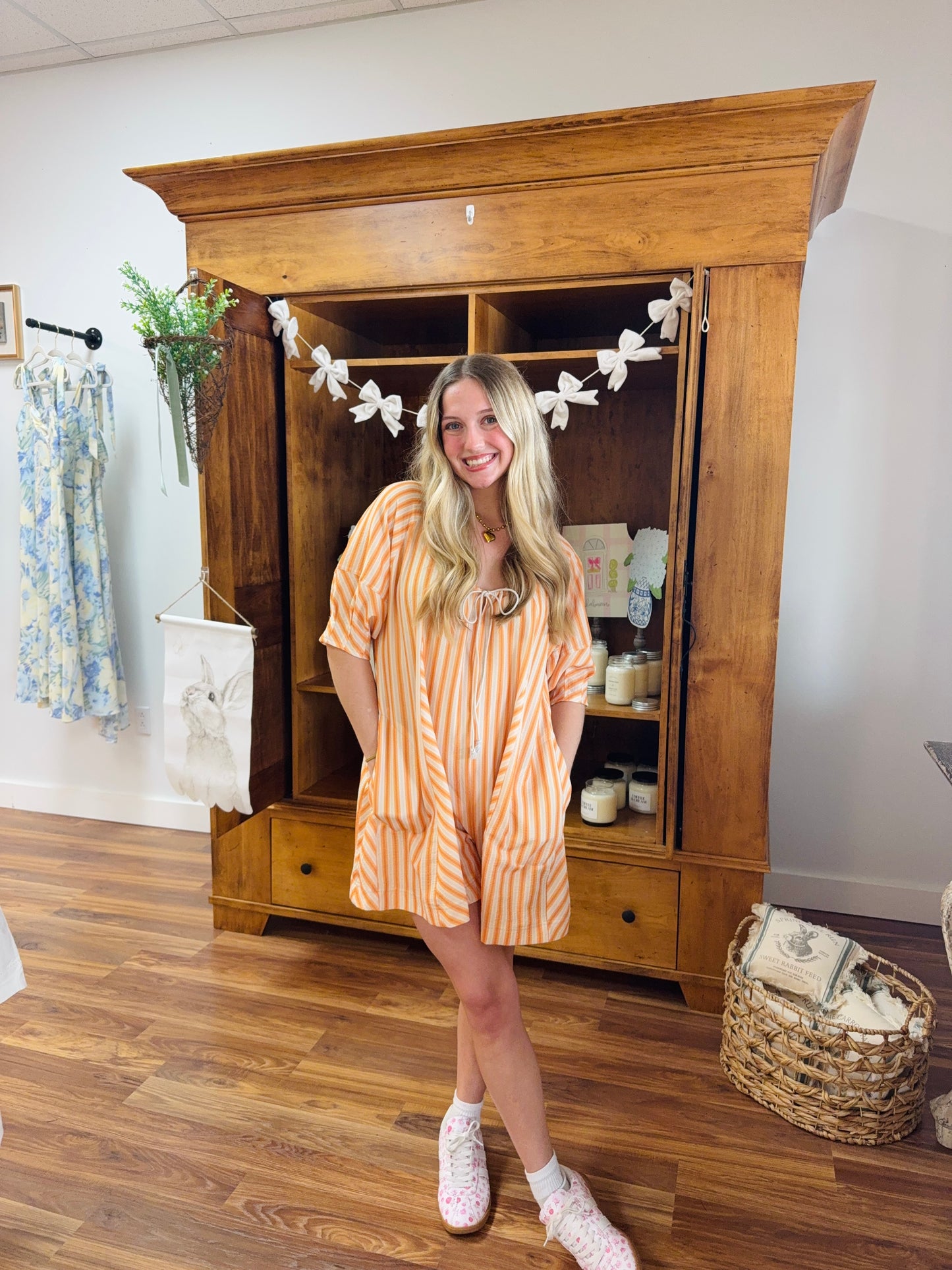 Striped Front Tie Loose Romper