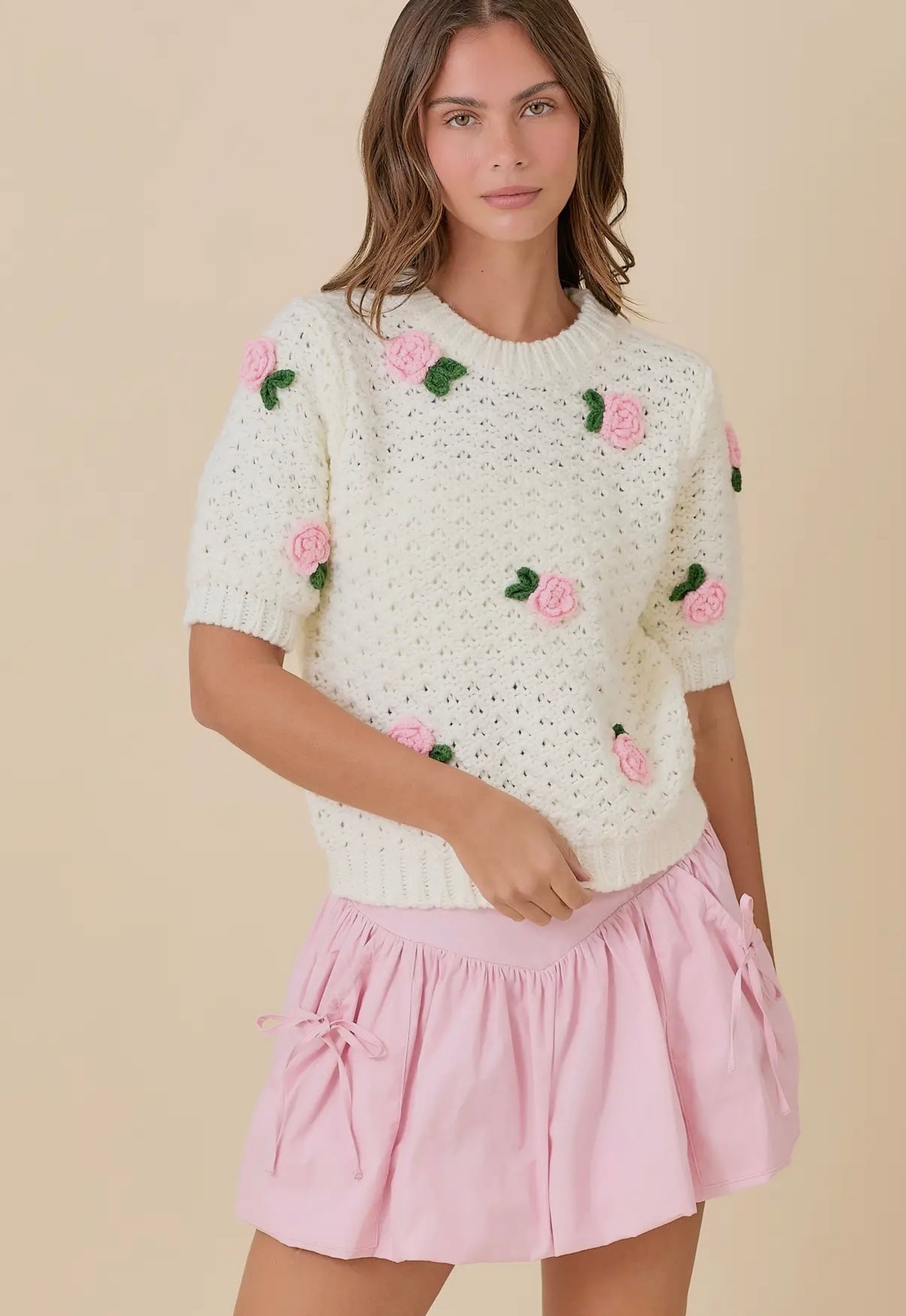 Sweater Knit Top with 3D Crochet
Rose Flower
