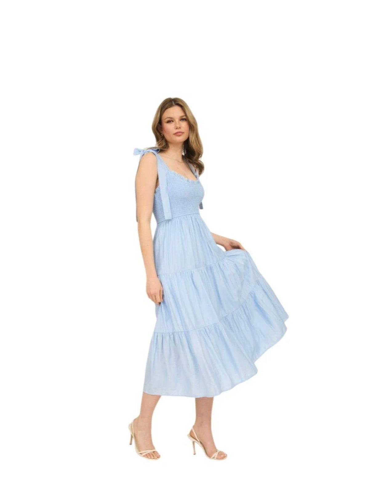 Sweetheart Neck Tie Strap Smocked Tiered Maxi Dress