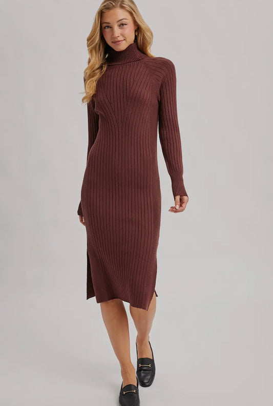 Turtleneck Ribbed Sweater Midi Dress